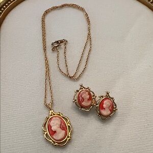 Red Cameo Pendant Necklace with Matching Earrings Set